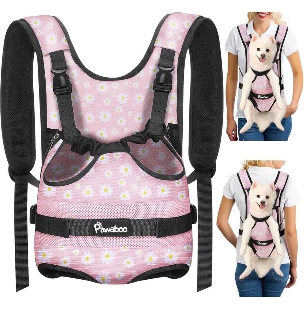 Pawaboo Pet Carrier Backpack Adjustable Front Legs Out Dog Cat Bag Pink Daisy